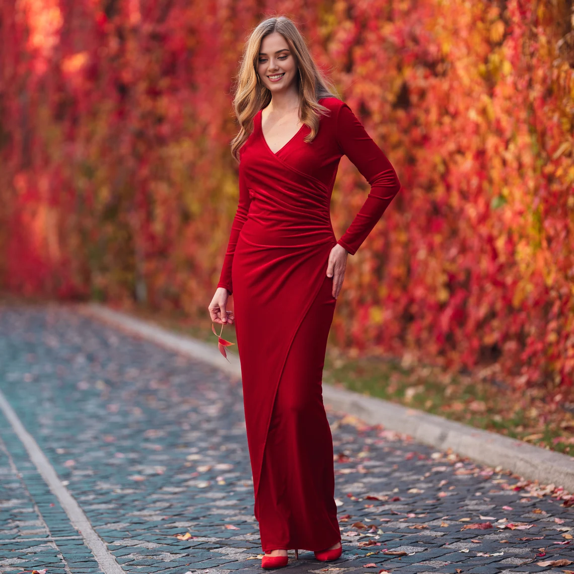 Vestido largo de terciopelo burdeos, ajustado y cruzado, para dama de honor, de terciopelo, para invitada de boda, de terciopelo, para noche de Año Nuevo, maxivestido